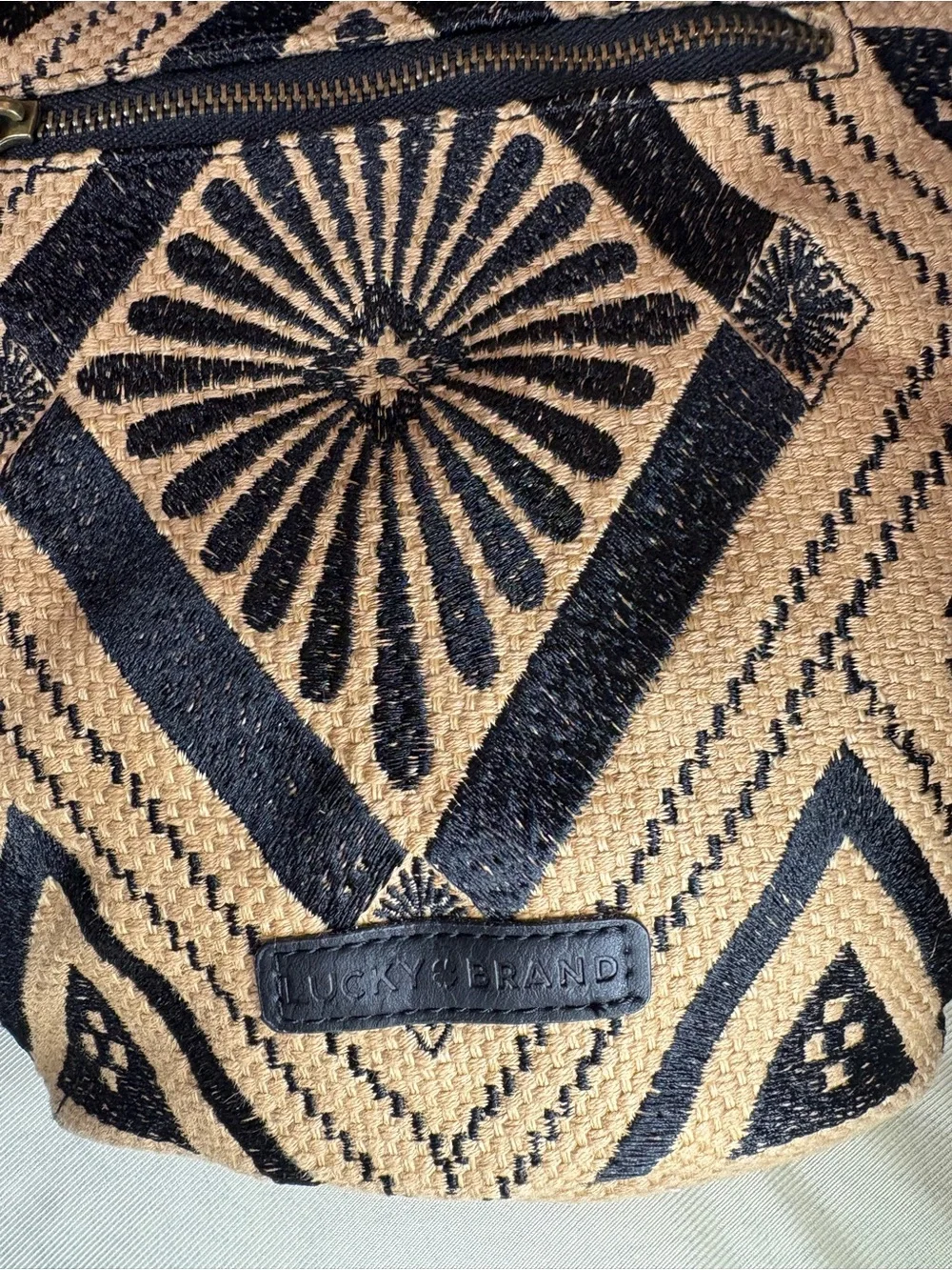 Maya Jute Hippie Woven Geometric Crossbody Bag in Black and Tan